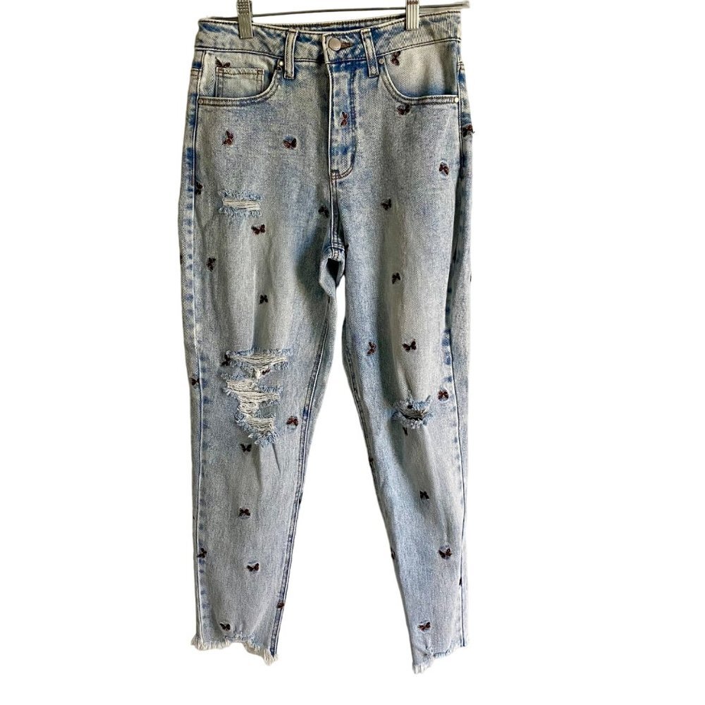 Tinseltown Distressed High Rise Jeans With Butterflies Size 7 NEW NWT - Picture 1 of 8